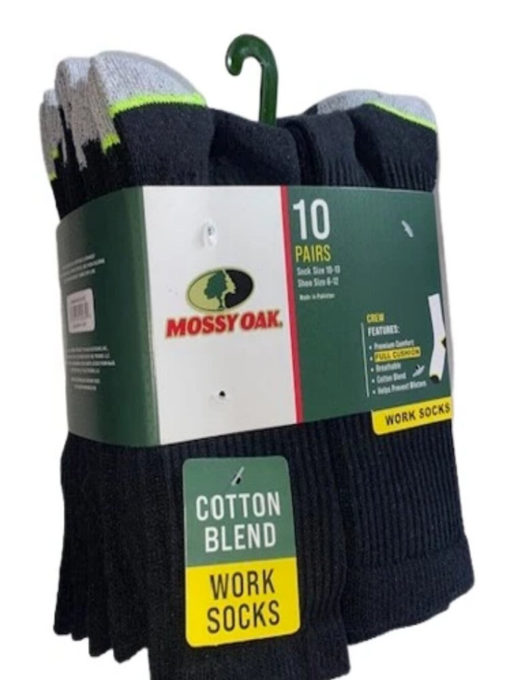 Mossy Oak 10 Pair Men's Work Socks, Black Crew Socks Full Cushion, Cotton Blend